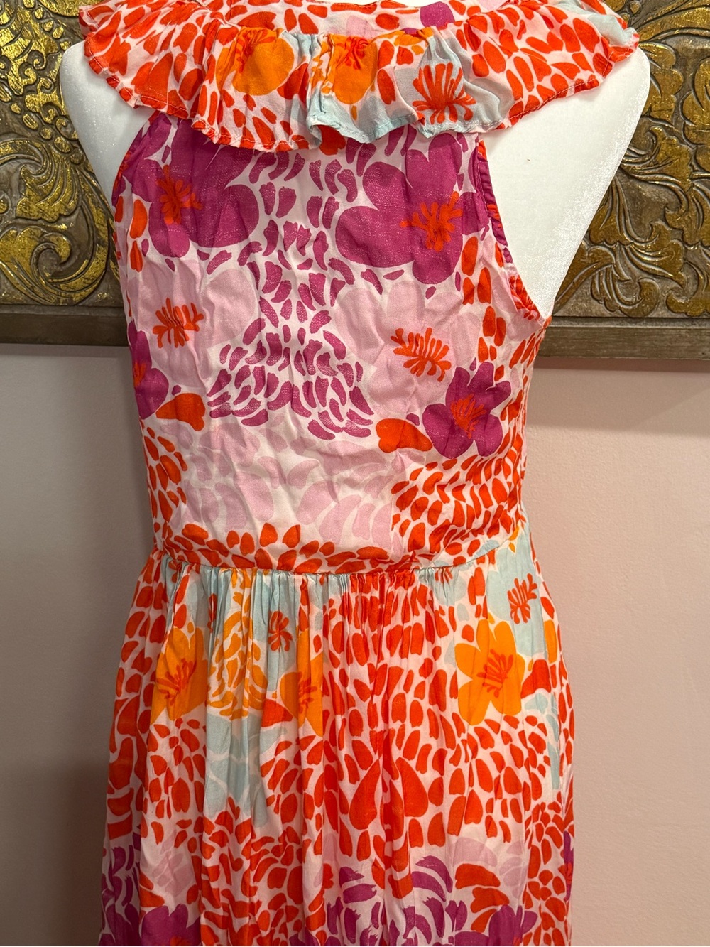 Oliphant Orange, Pink & White Floral Maxi Dress - Ruffle V-Neck - Picture 4 of 5